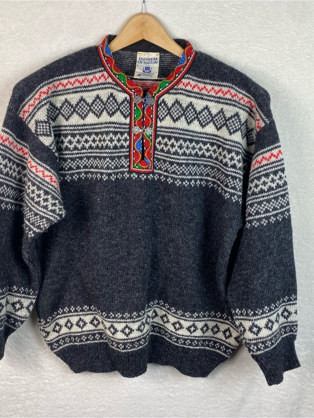 Vintage Knitwear Of Nature Large Pure Wool Fair Isle Nordic Sweater Metal Clasp
